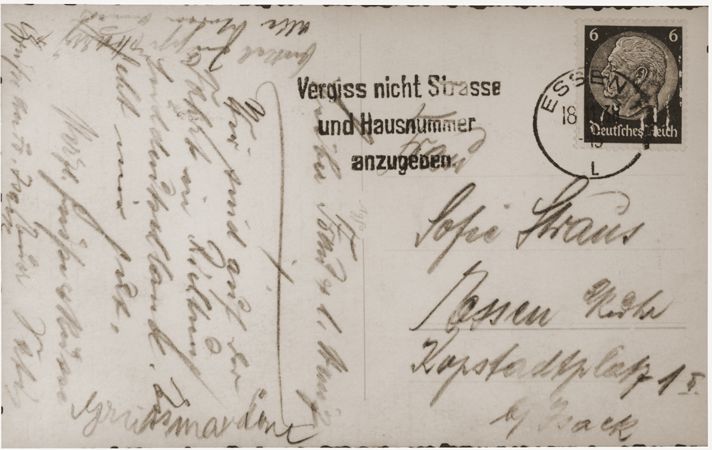 Postcard sent by Gustav Straus to his wife and son in Essen while he was en route to Dachau, following his arrest on Kristallnacht
